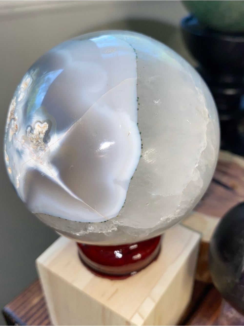 Large Natural Agate + Quartz Sphere | Blue Gray Chalcedony | Sparkly Druzy Cave - Picture 3 of 11